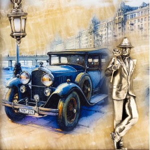 Картина на ониксе «Парень ретро авто с подсветкой»
